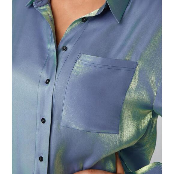 NWT Halara Pocket High Low Curved Hem Shine Oversize Work Shirt Troposphere XS - Picture 8 of 13